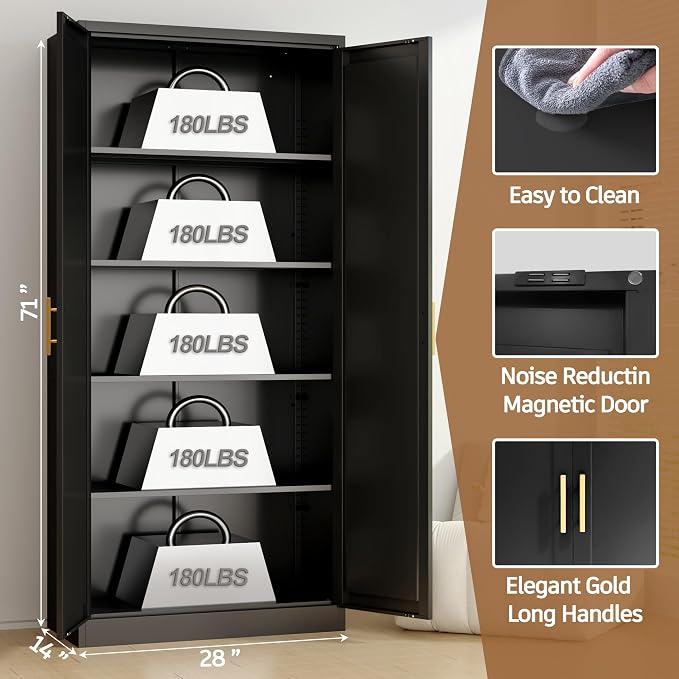 71”Tall Kitchen Pantry Cabinet, Metal Storage Cabinet with Doors and Shelves (Black)