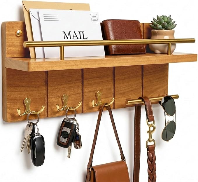 15.7” Solid Teak Wood Key Holder Wall Mount with Shelf and Hooks | Crafted from natural solid teak wood with unique grain patterns, bringing warmth and elegance to your entryway, large size