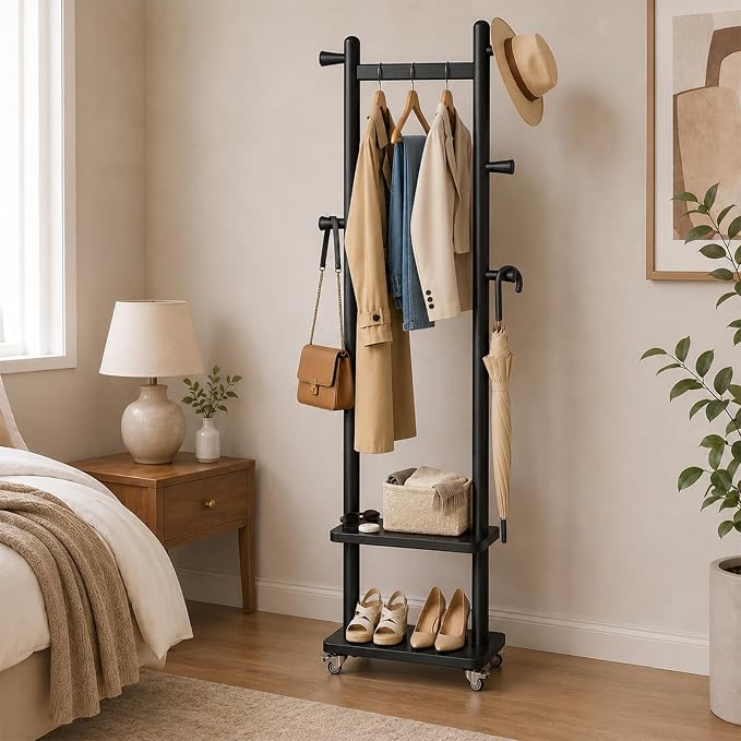 Taitiy Solid Wood Coat Rack Small Freestanding with Wheels 2 Shelves | Small spaces, solid rubberwood construction, 2 shelves and 5 hooks, ideal for bedrooms, entryways, apartments and homes