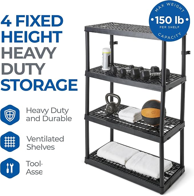 Gracious Living 2 Pack 4 Shelf Fixed Height Ventilated Heavy Duty Storage Unit 18 x 36 x 54.5 Organizer System for Home, Garage & Laundry, Black