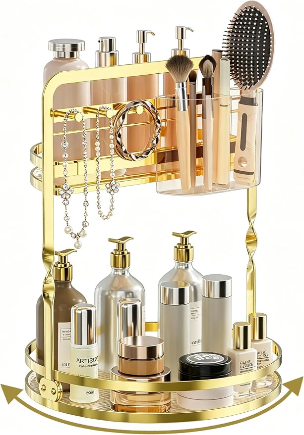 360° Rotating Makeup Organizer for Vanity, Gold Bathroom Organizer | 2-Tier Perfume Organizer with Makeup Brush Holder & Jewelry Hooks,Spinning Counter Shelf Storage for Perfume Skincare Dresser