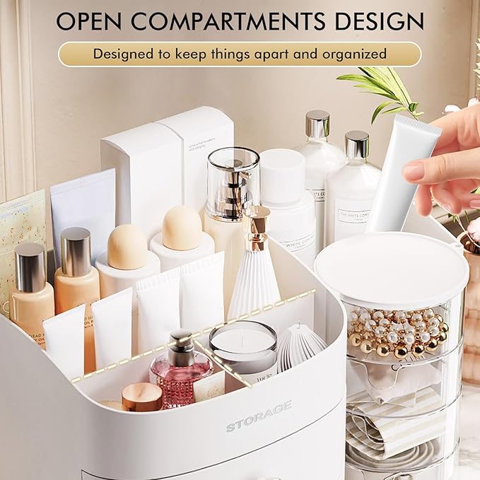 Makeup Organizer Countertop with Drawers, Make up Organizers for Vanity | Skincare Jewelry Earring Organizers, Cosmetic Display Cases Makeup Storage for Bathroom|Dresser, Ideal Gifts for Women(White)