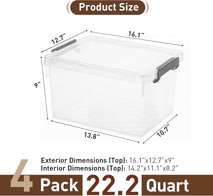 Citylife 22.2Qt Ultra-Thick (3.82mm) Clear Plastic Storage Bins with Lids, 4-Pack Stackable Straight-Wall Closet Organizers with Honeycomb Base & Pinch-Free Latches for Garage, Clothes & Holiday Decor