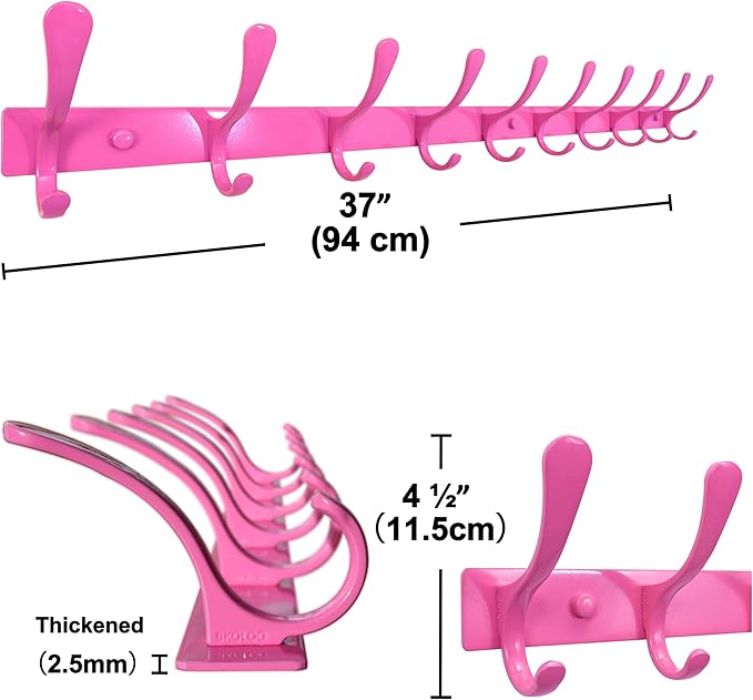 SKOLOO Coat Rack Wall Mounted - 10 Hooks, Pack of 2, Heavy Duty, Stainless Steel, Metal Wall Hanger, Sturdy Coat Hooks for Hanging Coats, Jacket, Clothes, Hat, Pink