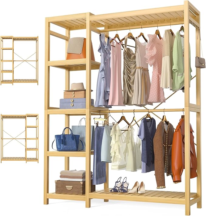 Bamboo Clothes Rack Garment Rack for Hanging Clothes, Heavy Duty Clothing Rack with 7 Tiers Adjustable Shelves, Double Rods, 4 Hooks, Freestanding Closet System Organizer Wardrobe, Natural