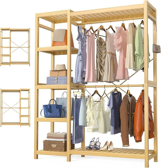 Bamboo Clothes Rack Garment Rack for Hanging Clothes, Heavy Duty Clothing Rack with 7 Tiers Adjustable Shelves, Double Rods, 4 Hooks, Freestanding Closet System Organizer Wardrobe, Natural