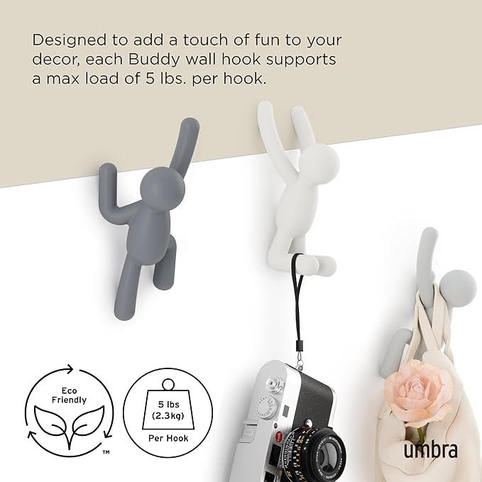 Umbra Buddy Wall Hooks, Decorative Wall Mount Coat Hooks, Set of 3, Grey | Easy install with hardware, holds 5lbs per hook, entryway bedroom bathroom dorm, playful hanging storage, recycled plastic
