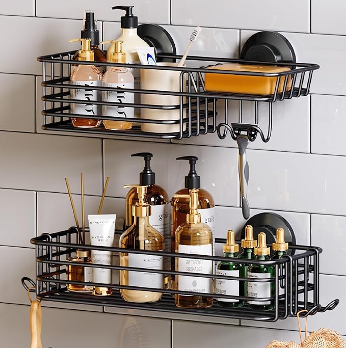 TAILI Shower Caddy Suction Cup 2 Pack with Hooks & Soap holder, Heavy Duty Shower Organizer for Bathroom, No Drilling Bathroom Organizer with Large Capacity, Black Metal Storage Basket