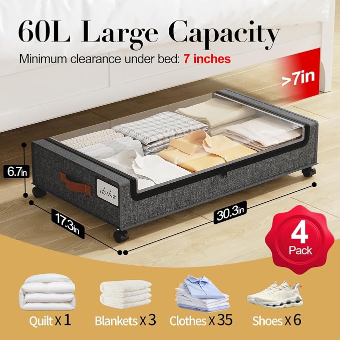 Yecaye Under Bed Storage with Wheels, 4 Pack Under the Bed Storage Containers with Lids & Label, XXL 60 L Rolling Underbed Storage Drawers for Clothes, Blankets, Shoes, Hemp Gray
