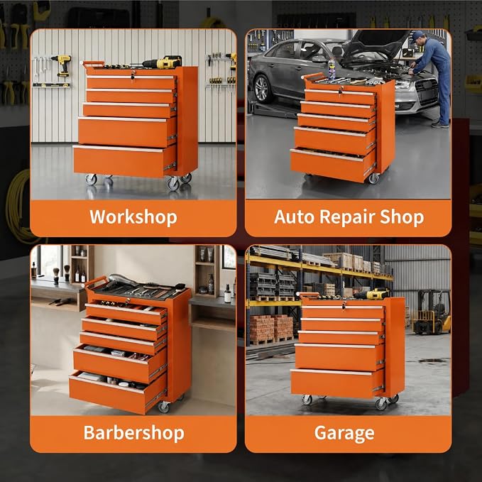 Garvee Rolling Tool Chest, 5 Drawers Tool Storage Cabinet, Toolbox with Wheels, Portable Tool Cabinet Organizer with Locking System & Drawer Liners, Tool Storage Cart for Garage, Workshop, Orange