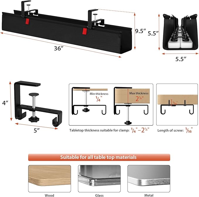 Univivi No Drill Under Desk Cable Management Tray, 36 inch Cable Management | Clamp/Screw Mount Desk Cable Management, Premium Fabric Cable Management Tray, Large Capacity Cord Organizer for Office, Home