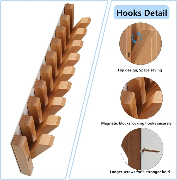 Piano Wall Mounted Coat Rack, Fold-Away Wooden Wall Hooks, 9 Hooks | Solid wood piano-inspired rack with fold-away hooks creates storage art, keeping jackets, bags and towels organized.