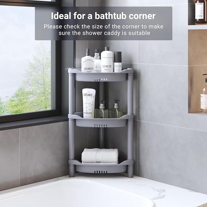 ELYKEN Corner Shower Caddy Standing, 3 Tier Plastic Shower Organizer, Grey | Rustproof Plastic Shower Shelves with Hook for Storing Bath Essentials in Bathroom corner, Bathtub
