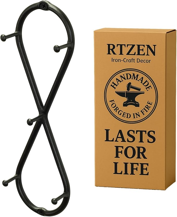 RTZEN Farmhouse Small Key Holder for Wall, Wrought Iron Wall Mount Rack | Handcrafted Swirl Decorative, 5 Key Hooks for Home Entryway, Purse, Coat and Leash Holder or Organizer (Infinity Black)