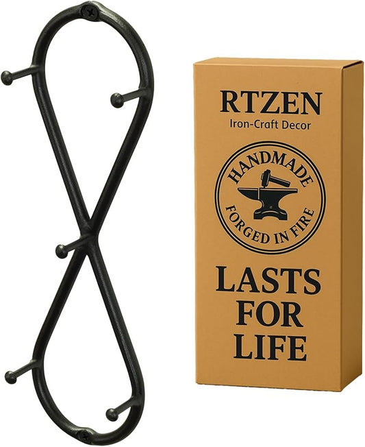 RTZEN Farmhouse Small Key Holder for Wall, Wrought Iron Wall Mount Rack | Handcrafted Swirl Decorative, 5 Key Hooks for Home Entryway, Purse, Coat and Leash Holder or Organizer (Infinity Black)