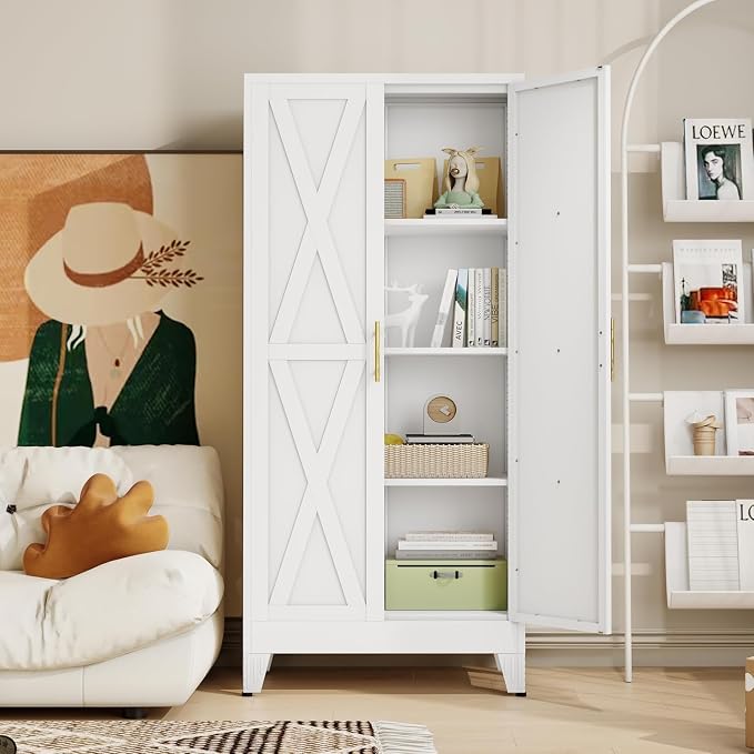 61" Metal Storage Cabinet with 2 Doors and 3 Adjustable Shelves,White Farmhouse Kitchen Pantry Cabinet,Steel Garage Tool Cabinet,File Cabinetfor Home,Office,Dinning Living Room,Warehouse