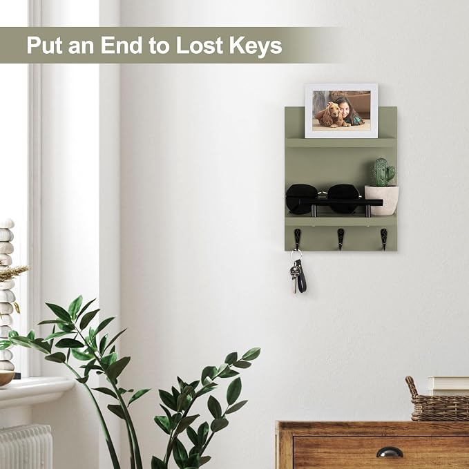 Key Holder Wall Mount, Mail Shelf Decor with 3 Key Hooks, Versatile Wood Wall Organizer for Entryway Hallway (8.2” x 10.6”x 3.6”) (Sage Green)