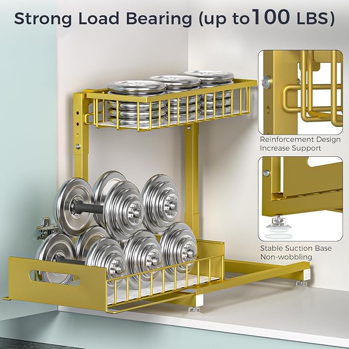 L-Shaped Under Sink Organizer, 2-Tier Pull-out Cabinet Rack 1-Pack | Gold Height-Adjustable Steel Rack, Sliding Grid Drawers with PP Liners, Holds 100 Lbs, Suction Base, Ideal Kitchen Storage