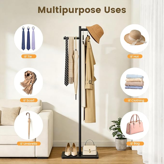 Metal Freestanding Coat Rack, 68.9"H Z-Shaped Coat Tree with Natural Rock Base, Modern Clothes Hanger Stand for Coats, Hats, Bags & Scarves, Ideal for Entryway, Bedroom, Office & Living Room