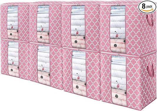 WISELIFE Storage Bags 8 Pack/100L Large Blanket Clothes Organization and Storage Containers for Comforters,Bedding, Foldable Organizer with Reinforced Handle, Clear Window, Sturdy Zippers,Pink