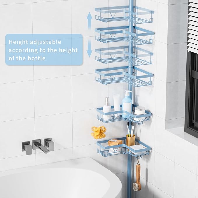 KEGII Shower Caddy Tension Pole, L-Shaped Corner Bathroom Organizer, Blue | Large Capacity 4-Tier Shower Storage with Hooks and Soap Holder, No Drill Rustproof Tension Rod for Renters and Apartments