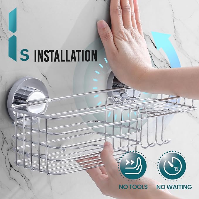 TAILI Shower Caddy Suction Cup 2 Pack with Hooks and Soap Holder, Heavy Duty Shower Organizer for Bathroom, No Drilling Silver Bathroom Suction Shelves-Silver