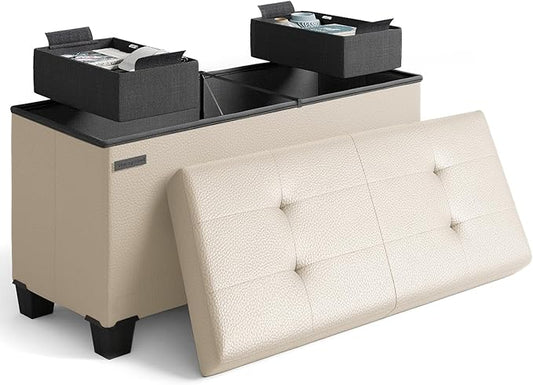 Storage Ottoman Bench with Bins, 30-in Storage Bench for Bedroom End of Bed, Folding Foot Rest Ottoman for Living Room Max 660lbs, Leather Ottomans, Beige