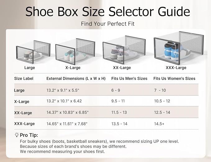 Kuject XX-Large Shoe Storage Boxes 12 Pack, Clear Stackable Shoe Organizer | Shoe Case for Closet, Entryway & Under-Bed Storage, Drop-Front Design, Space-Saving Solution for Family Organization,Black