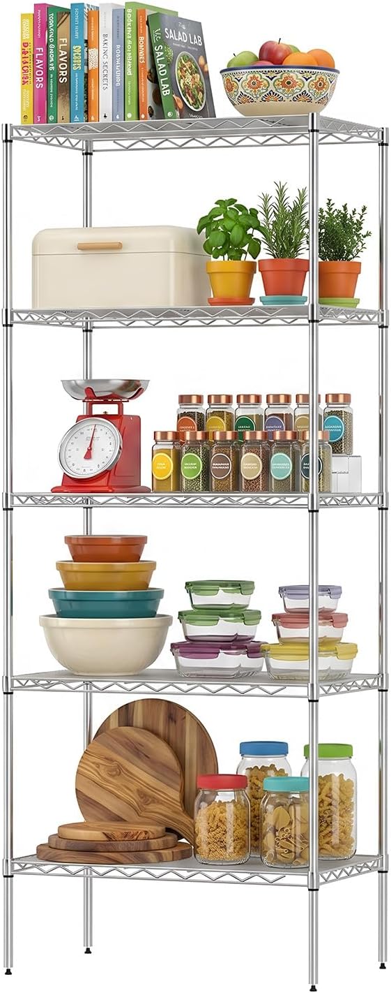 BestOffice | 5-Tier Wire Shelf | 14" x 24" x 60" | Chrome | Storage Shelves with Adjustable Racks, Holds upto 750 lbs | Rust-Resistant, No-Tool Assembly | For Home, Garage