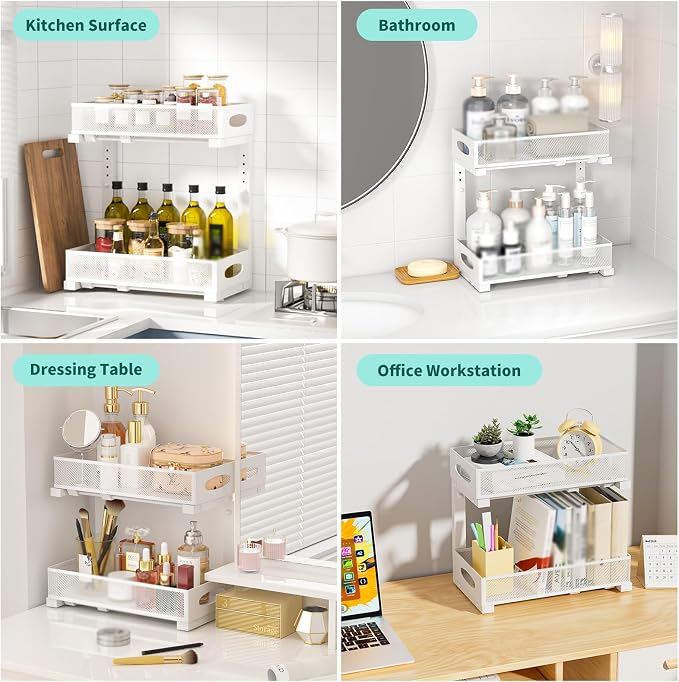 Under Sink Organizer, 2 Pack 2 Tier Metal Slide Out Pull Out Cabinet Organizer Shelf, Height Adjustable Organization and Storage Series, Bathroom/Desktop/Cabinet/Kitchen organization, White