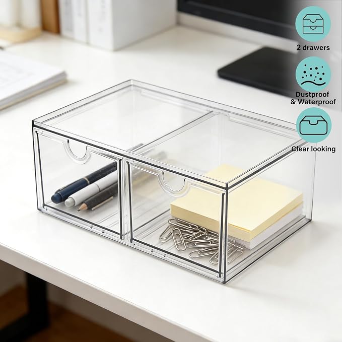 Prsildan Stackable Clear Makeup Organizer Acrylic Storage Drawers with 2 Drawers for Vanity Bathroom Office Desk Modular Drawer System for Cosmetics Jewelry Toiletries Home Organization