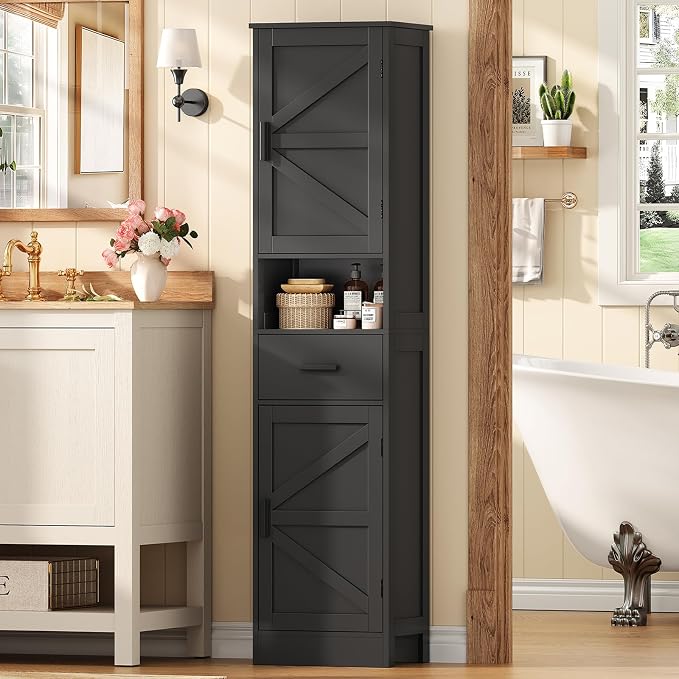 Tall Bathroom Storage Cabinet with Barn Doors, Narrow Bathroom Cabinet with Drawer, Narrow Storage Unit, Adjustable Shelves, Floor Cabinets for Living Room, Entryway, Kitchen, Black