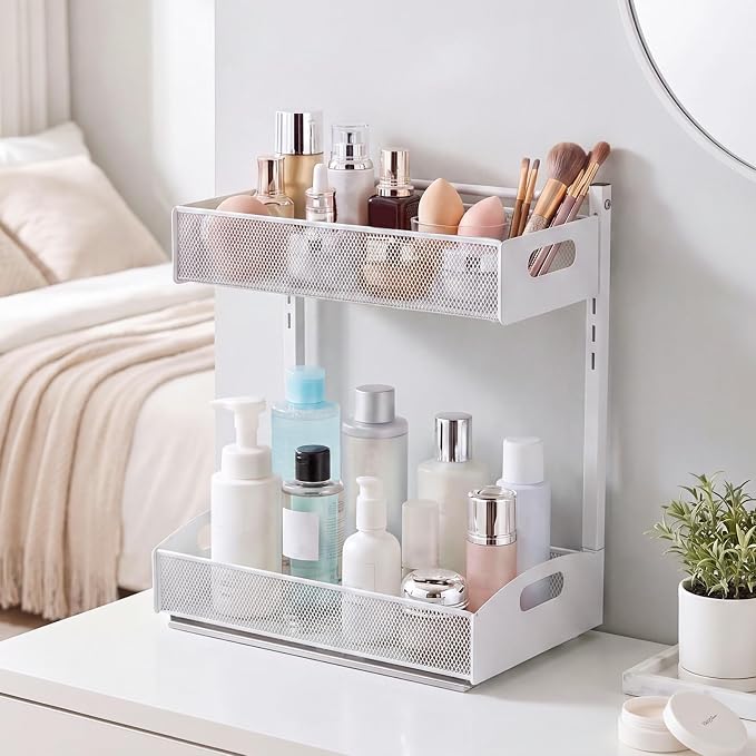 VEVOR Under Sink Organizer, 2 Pack 2-Tier Pull Out Cabinet Organizer with 4-Level Height Adjustment, Metal Slide Out Shelf, Multi-Purpose Cabinet Organizers and Storage for Bathroom & Kitchen, White