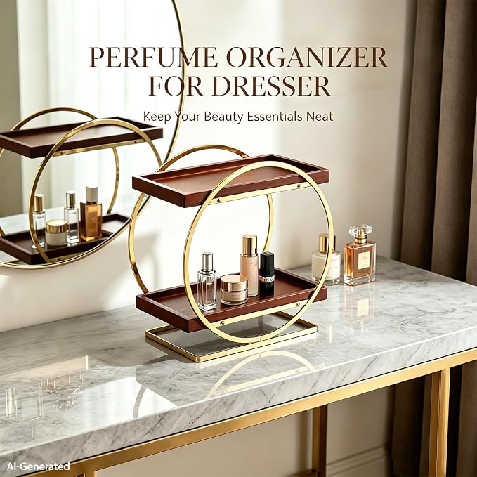 Bathroom Counter Organizer, Wooden Bathroom Organizers and Storage | 2-Tier Vanity Makeup Skincare Cologne Organizer, Bamboo Perfume Organizer for Dresser, Countertop Shelf Kitchen, Gold & Brown