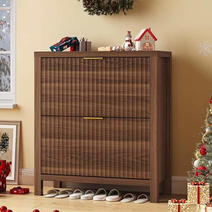 Fluted Shoe Cabinet Storage with 2 Flip Drawers for Entryway, Hallway | Narrow Shoe Rack Freestanding Shoe Organizer with Legs for Entryway，Hallway, Walnut