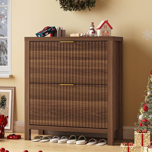 Fluted Shoe Cabinet Storage with 2 Flip Drawers for Entryway, Hallway | Narrow Shoe Rack Freestanding Shoe Organizer with Legs for Entryway，Hallway, Walnut