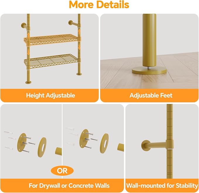 Higeego W3 Wall Mounted Clothes Rack, Industrial Pipe Clothing Rack, Gold | Heavy Duty Clothes Rack, Clothing Racks for Hanging Clothes, Closet Organizer, Expandable Hanger Rods, Adjustable Shelving