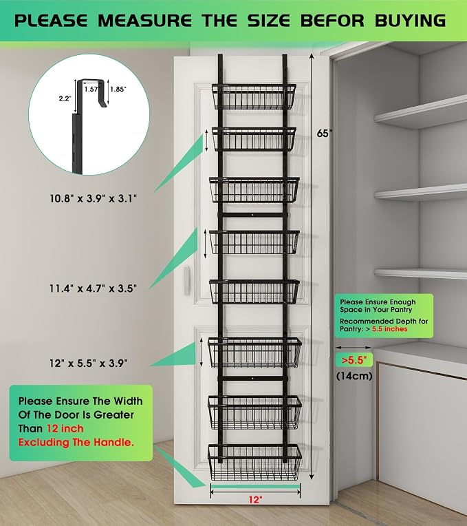 Mefirt 12 Inch Wide Narrow Over The Door Pantry Organizer Black 8-Tier | Pantry Organization and Storage, Metal Hanging Deep Basket Wall Spice Rack Seasoning Shelves, Home & Kitchen Essentials