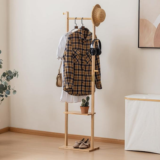 SOBIBO Wood Coat Rack Freestanding with Shelves & Hooks, 15.75inch, Natural | Solid Wood Frame, 3-in-1 Clothes Rack, Garment Rack with Storage for Bedroom, Hallway, Entryway, Office, Living Room