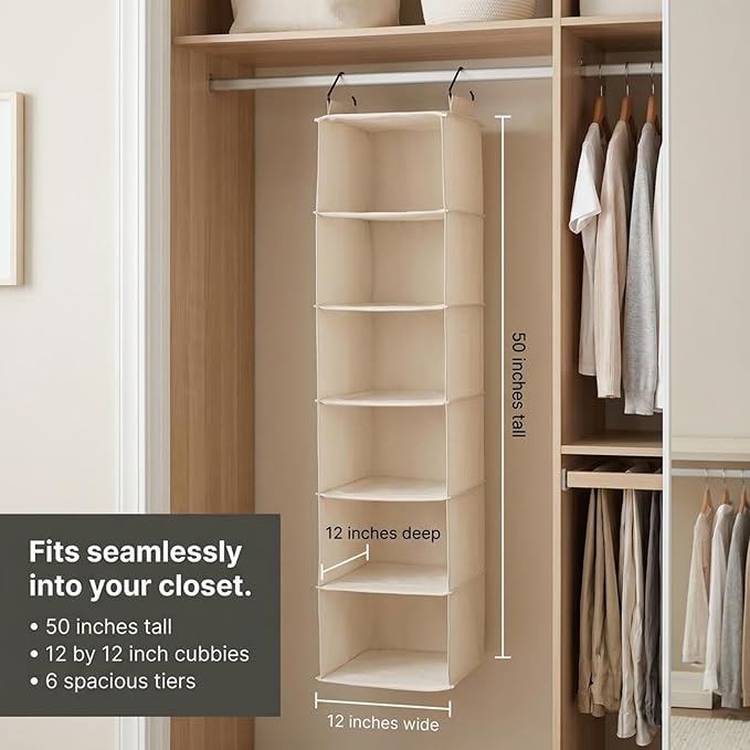 Household Essentials Cedarline 6‑Shelf Hanging Closet Organizer in Heavy‑Duty Cotton Canvas, Cream