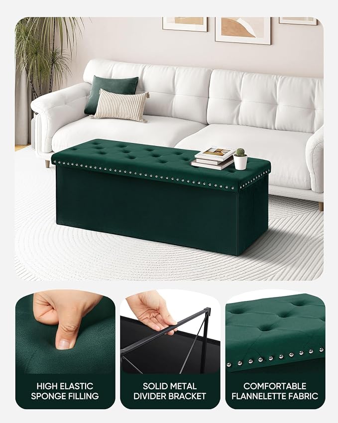 B FSOBEIIALEO Storage Ottoman Bench, Folding Tufted Ottoman with Storage, Extra Large 140L Toy Chest Bench for Bedroom, Luxury Velvet Fabric, 43 Inches Green