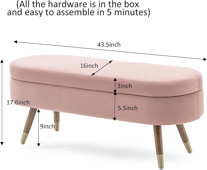 IAFIKE Oval Storage Bench 43.5" Ottoman Bench Upholstered Boucle Fabric Footrest Bench with Golden Metal Legs End of Bed for Bedroom, Living Room, Entryway,Bed Side (Pink)