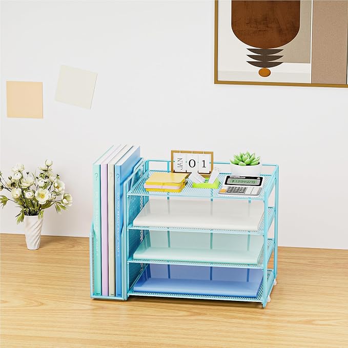 Marbrasse 4-Tier Paper Tray Organizer with File Holder, Blue | Sturdy Paper Tray, Built-in File Holder, fits Letters/Docs, Saves Desk Space, for School/Office/Home