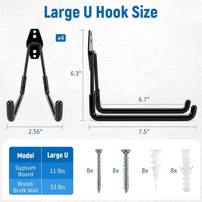 Garage Hooks Heavy Duty, 4 Pack Large 7.5 Inch Ladder Hooks Black | Steel Garage Storage Hooks, For Hanging Bikes, Tools, Chairs, Hoses, Ropes and Other Bulk Items, With Anti-Slip Coating