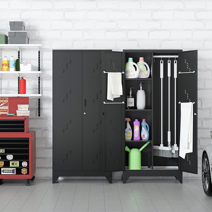 71" Metal Storage Cabinet with Lock, Stainless Steel Bottom, Black | Garage Storage Cabinets with Hanging Rod & S-Hooks, Utility Broom Closet for Laundry Room, Home Office