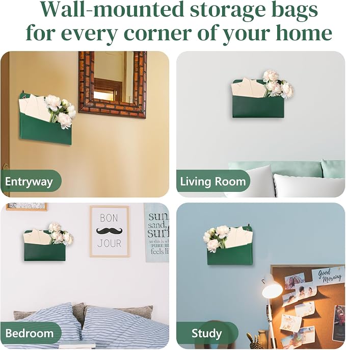 3 PCS Wall Mount PU Leather Mail Holder Green Faux Leather Letter Holder Stylish Wall Hanging Mail Storage 2 Ring Wall Mail Organizer for Flowers Envelope Key Notebooks Home Office Decor
