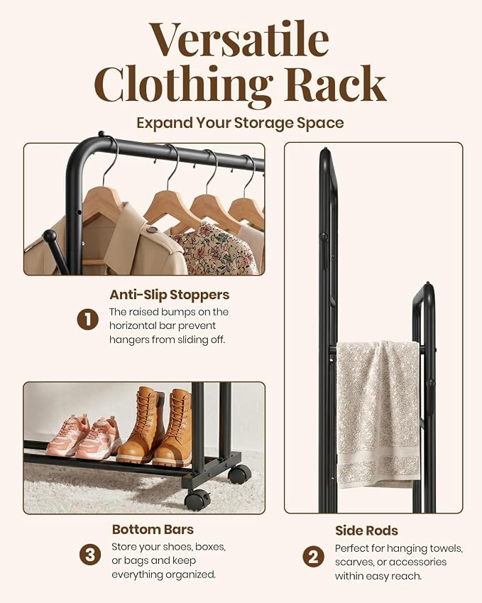 Delamu Clothes Rack Double Rods, Black, 65''Hx32''W | Clothing Racks for Hanging Clothes With Rolling Wheels, Hooks, Metal Garment Rack, Portable Wardrobe, With Shelfs,for Bedroom