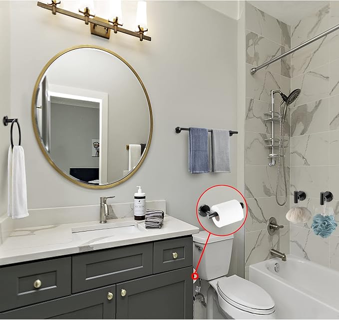 5 Pieces Matte Black Bathroom Hardware Accessories Set Hand Towel Ring 16 inch Towel Bar Toilet Paper Holder Towel Hooks 2 Pieces Round SUS 304 Stainless Steel Heavy Duty Wall Mounted Bathroom Holder