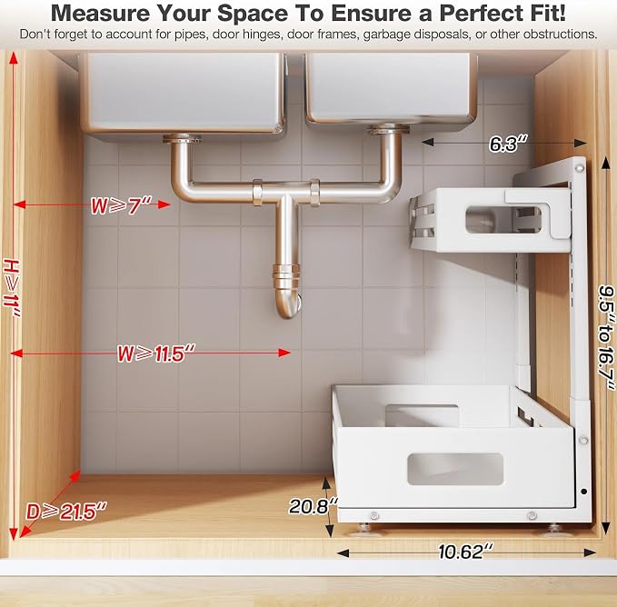 2 Pack 21IN-Depth Under Sink Organizer,Pull Out Cabinet Organizer With Smooth Cylindrical Rail,Metal Slide Out Drawer for Kitchen Bathroom Laundry,8-Level Tool Free Height Adjustable-White