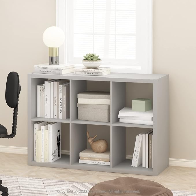 Furinno CUBICLE 6-Cube Book Shelf, Extra Thick Frame Bookshelf, Light Grey | 14.6" x 44" x 30", Horizontally & Vertically Reversible Bookcase with Open Back, for Living Room, Bedroom, Home Office